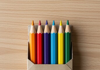 Obraz premium Colored pencils in a box on a wooden surface