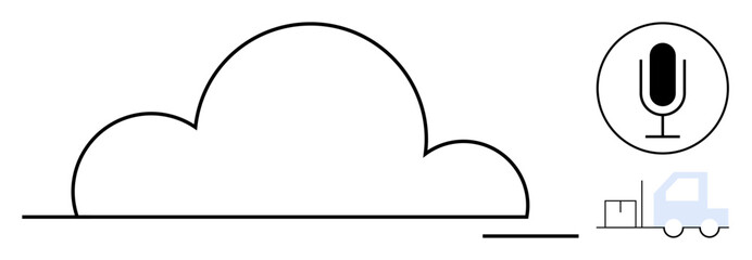 Cloud with microphone symbol and truck delivering package emphasize technology, communication, and shipping. Ideal for innovation, logistics, smart tech, connectivity, AI, cloud management simple