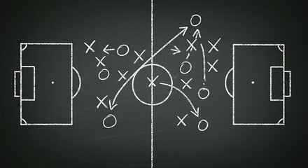 Soccer or Football Game Strategy Drawn on a Chalkboard with Arrows and Xs and Os for Players