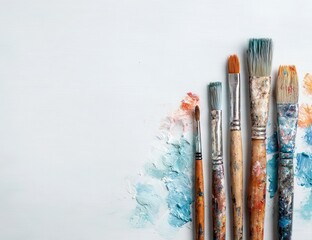 Used paintbrushes on a light background with colorful paint splatters