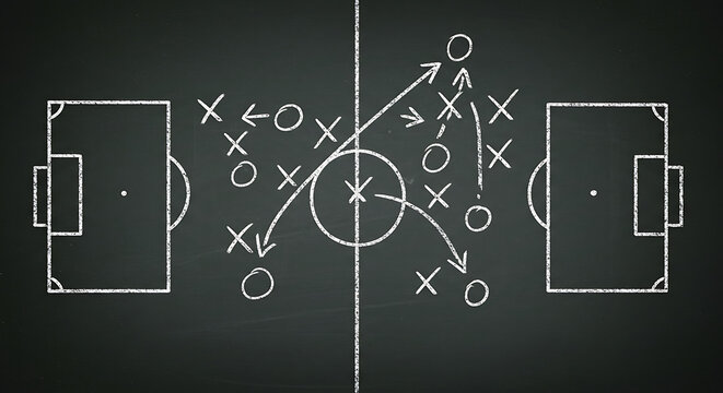 Soccer or Football Game Strategy Drawn on a Chalkboard with Arrows and Xs and Os for Players