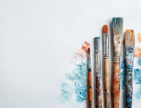 Used paintbrushes on a light background with colorful paint splatters