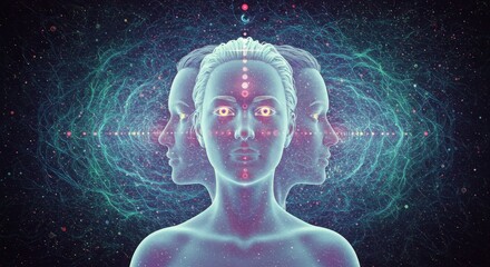 Futuristic human figure with multiple faces representing quantum immortality  