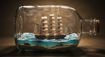Model ship in a glass bottle with blue water and sandy base  