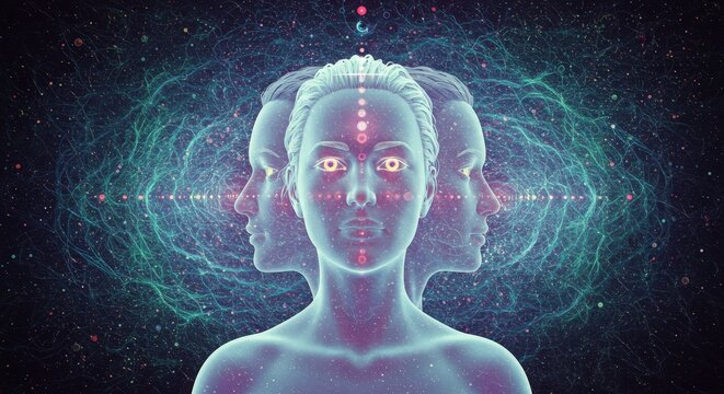 Futuristic human figure with multiple faces representing quantum immortality  