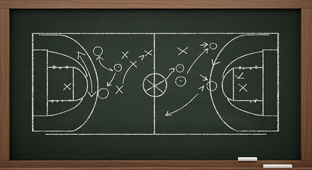 Basketball Game Strategy Drawn in Chalk on a Blackboard with Wood Frame Showing Plays and Tactics