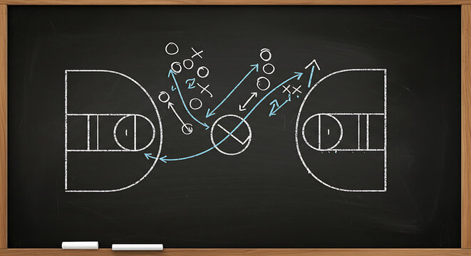 Basketball Play Diagram on Chalkboard with Chalk Showing Court Players and Arrows for Strategy and Tactics - Powered by Adobe