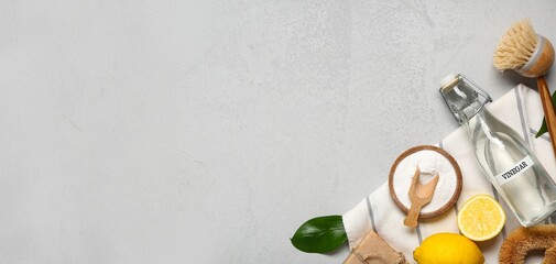  natural products for cleaning and brushes on grunge background with space for text