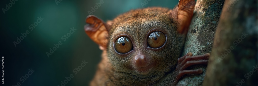 Poster tarsier with wide eyes gazes in twilight surrounded by soft forest hues and shadows for text above