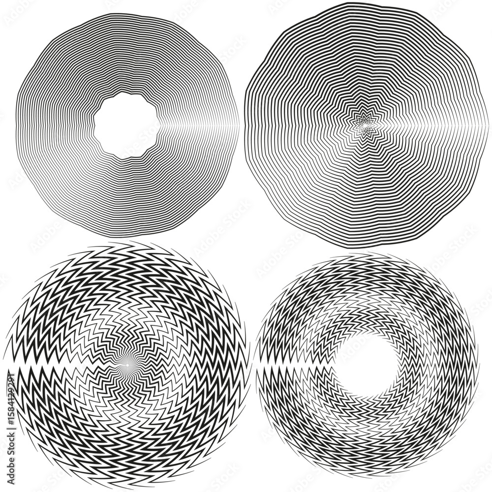 Poster circular pattern set. concentric ring shapes. geometric texture elements. vector abstract designs.