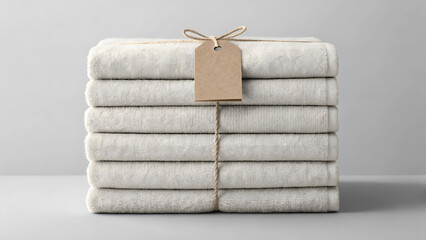Neatly Stacked White Towels with Tag Presentation for Spa or Bathroom
