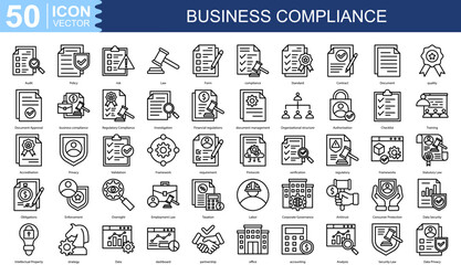 business compliance icon collection set. Containing Audit, Policy, risk, Law, Form, compliance, Standard icon
