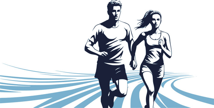 Running man and woman, isolated vector silhouettes. Run, side view. Silhouettes of athletic looking male and female runners running. EPS 10 file.