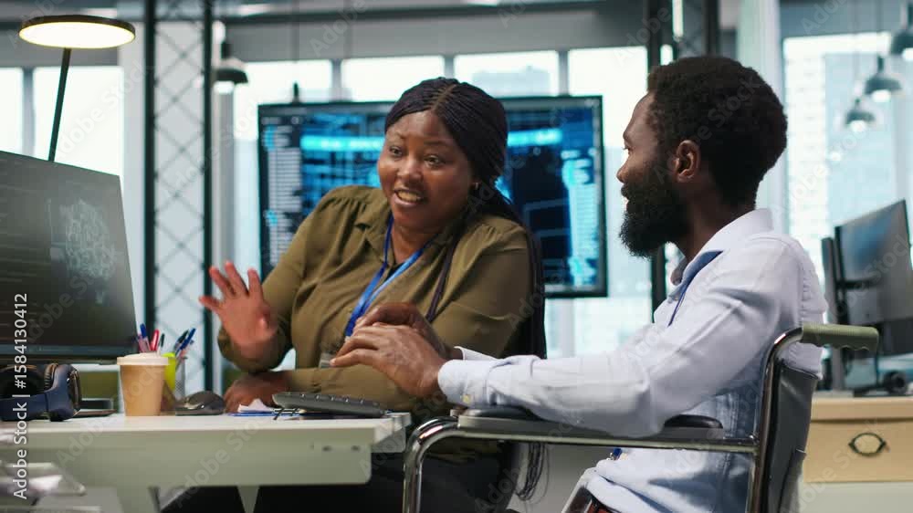 Aufkleber startup office engineer in wheelchair talking with colleague, developing artificial intelligence mod