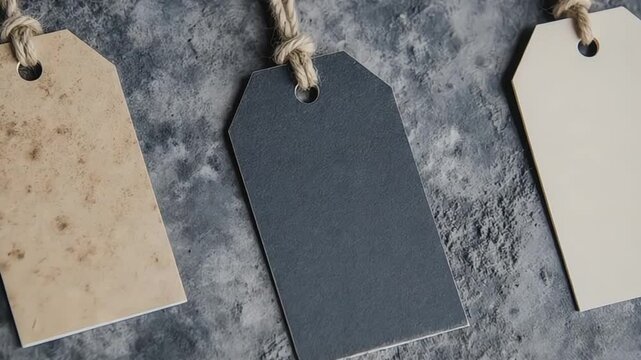 Three textured paper tags hanging against a mottled gray background