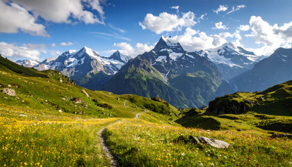 Alpine Meadow Trail with Snowcapped Peaks and Wildflowers