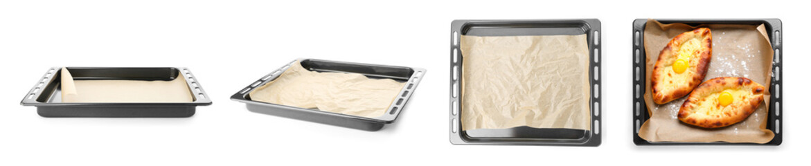 Different view of baking tray with parchment and tasty khachapuri on white background