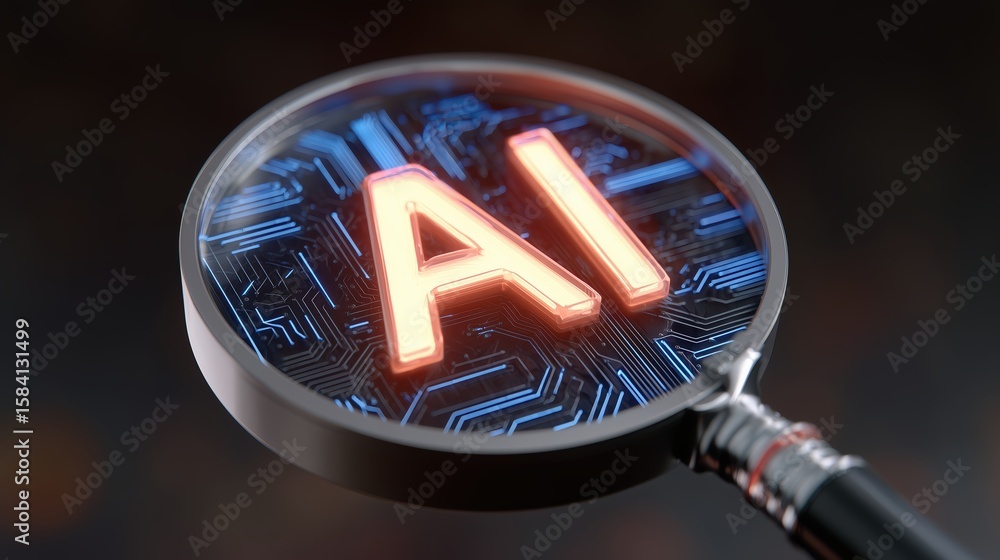 Poster ai business growth and scalable concept, magnifying glass focusing on illuminated ai circuit design.