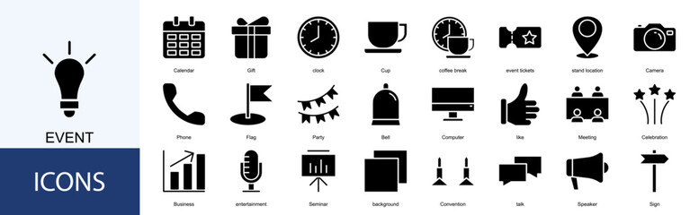Event icon collection set. Containing Meeting, Celebration, Business, entertainment, Seminar, background, Convention icon