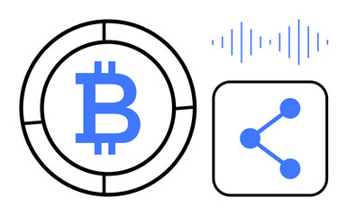 Bitcoin logo within a circle, soundwave icon, network connection. Ideal for cryptocurrency, blockchain, technology, finance, decentralization, digital wallets simple landing page
