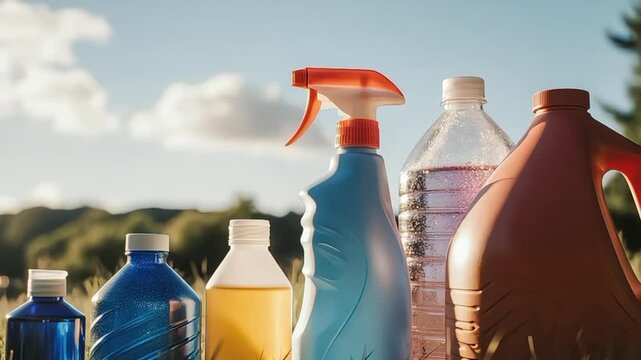 Plastic bottles and containers on a landscape background image