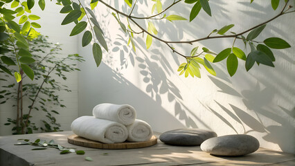 Spa Scene with Rolled Towels Stones and Greenery Natural Relaxation