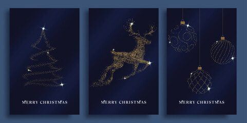 Merry Christmas greeting card clipart poster set. Merry Christmas greeting text clip art with gold glittered pine tree, reindeer and elegant hanging xmas balls in blue background for holiday season 