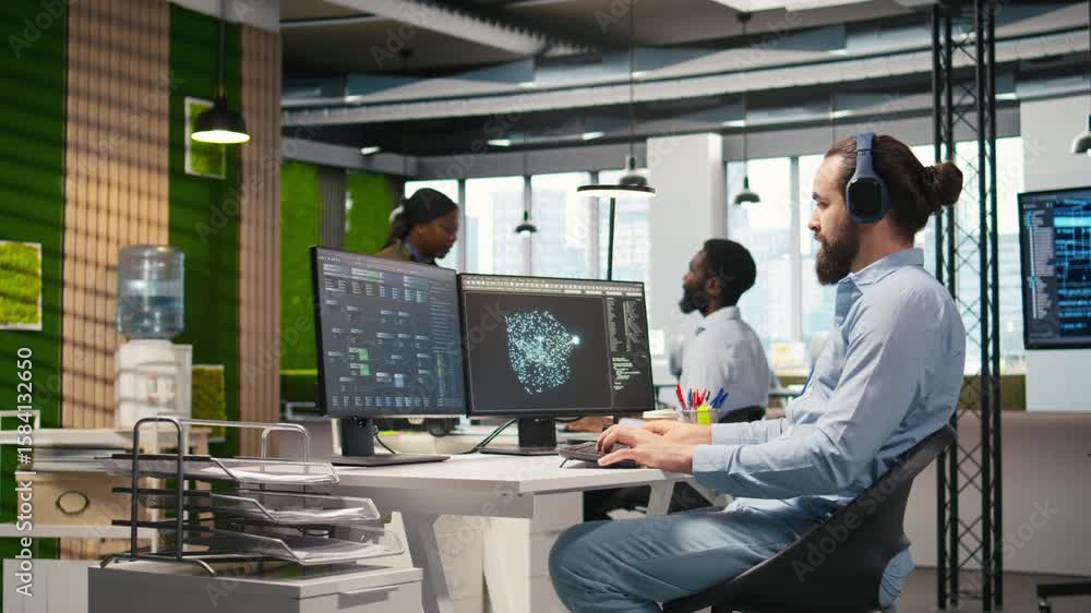 Poster software developer coding with ai language model assistance in office, listening music. programmer w