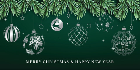 Merry Christmas greeting clipart banner. Merry Christmas and happy new year greeting text in green background with fir branches, printed and pattern hanging xmas balls border design for December 