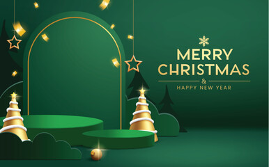 Merry Christmas greeting clipart background design. Merry Christmas and Happy new year podium banner card template clip art for xmas sale and product display presentation in green background 