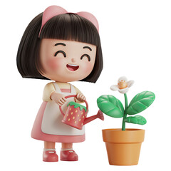 Cheerful Girl Watering a Plant in a Flower Pot