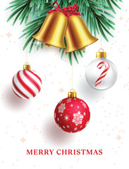 Merry Christmas greeting clipart poster design. Merry Christmas invitation card template clip art with greeting and xmas decoration elements like fir leaves, bell and red hanging balls in simple white