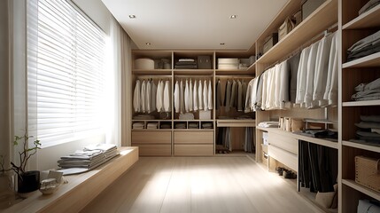 Fototapeta premium Walk-in Closet Design with Natural Wood and Organized Clothing