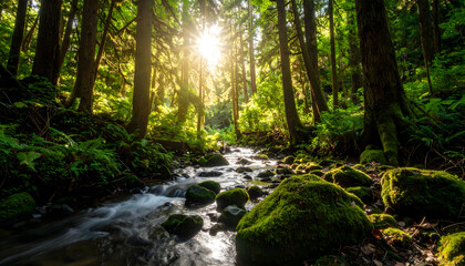 Obraz premium Sunlit Forest Stream With Mossy Rocks