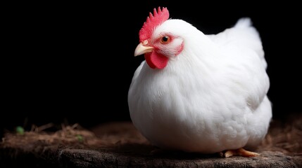 Fototapeta premium A plump white chicken with a red comb sits on a rustic wooden surface against a dark background