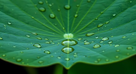 Close-up of Water Drops on Lotus Leaf