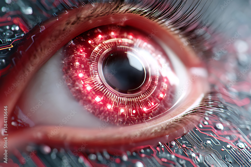 Poster close-up view of a futuristic robotic eye designed with intricate circuitry and glowing elements ref