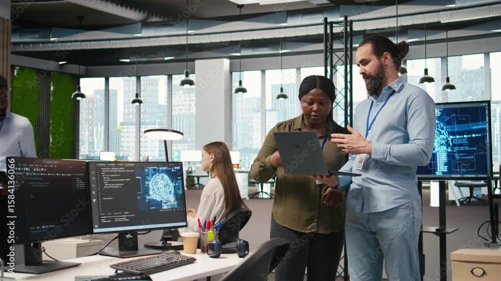 Poster teamworking programmers in office reviewing ai system metrics, monitoring performance dashboards. te