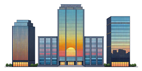 Corporate Skyscrapers PNG Bundle &ndash; Transparent Background Modern Office Buildings with Sunset Reflections
High-Rise Glass Office Buildings Set &ndash; Isolated PNGs of Urban Skyscrapers, Sunset Reflections,