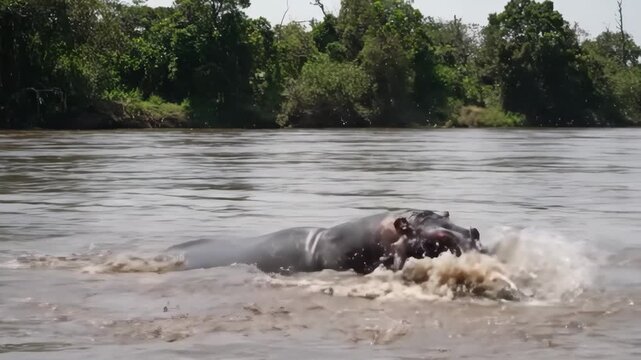 A Hippo Emerges from a River, Creating a Dramatic Splash, Hippopotamus Bursting from the Water in an African River Environment, hippo attack
