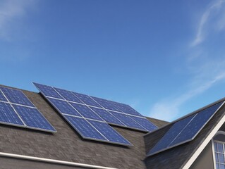Fototapeta premium Solar panels installed on the roof of a modern house against a bright blue sky, reflecting clean energy, efficiency and sustainability.