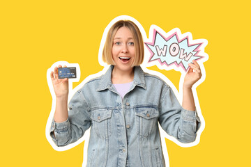 Surprised adult woman holding speech bubble with word WOW and credit card on yellow background
