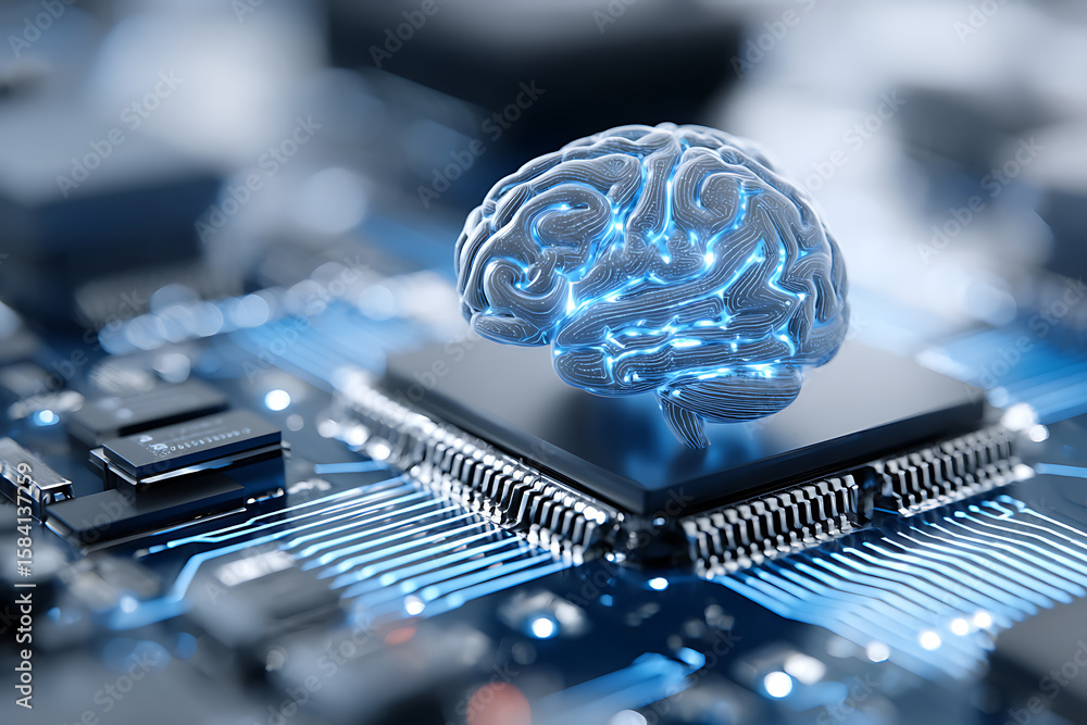 Poster futuristic digital brain model hovering over a computer chip representing advanced technology and ai