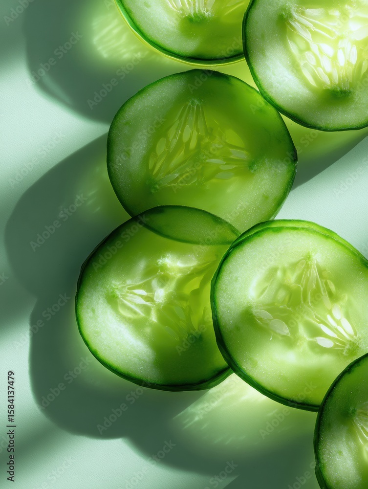 Poster floating cucumber slices create a serene, refreshing composition with soft shadows and a smooth uppe