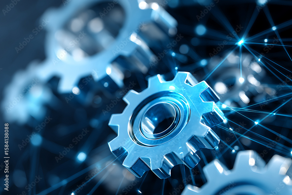 Poster metallic gears interlinked with glowing connections symbolize technology and innovation in a modern 