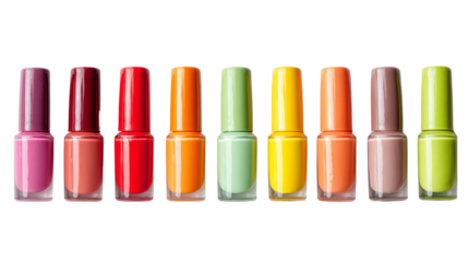 Bright and colorful nail polish bottles arranged in row, showcasing vibrant spectrum of shades from pink to green, perfect for any occasion
