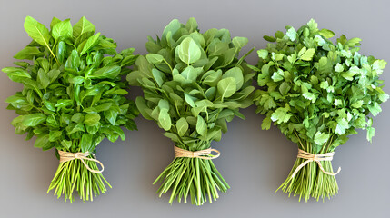 Obraz premium Fresh Herb Bundles, Culinary Ingredients, Kitchen, Photography, Natural Light, Overhead View, Cooking Essentials