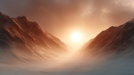 Naklejka premium Rugged mountain range with a bright sun illuminating the valley mist below