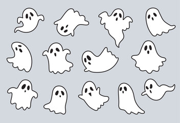 Cute Halloween white sheet ghosts with black outline in various poses vector illustration.