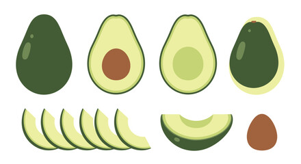 Avocado Set: Whole, Halved, and Sliced Vector Illustration